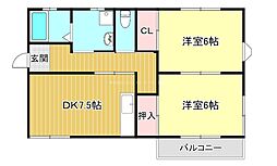 フローラルUNOC棟 2DKの間取図画像