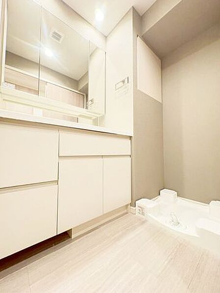 収納力も豊富な三面鏡タイプの洗面化粧台♪