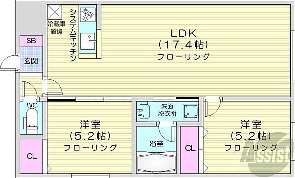 北海道札幌市中央区南二十五条西12丁目(賃貸マンション2LDK・3階・58.41㎡)の写真 その2