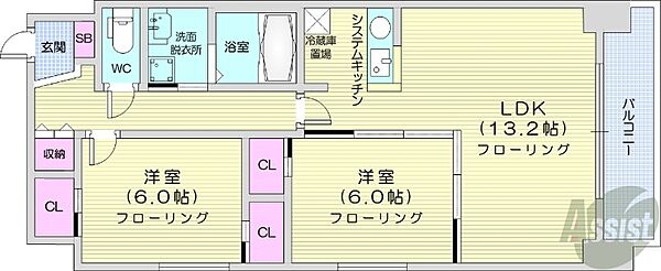 北海道札幌市北区新琴似七条2丁目(賃貸マンション2LDK・6階・65.77㎡)の写真 その2