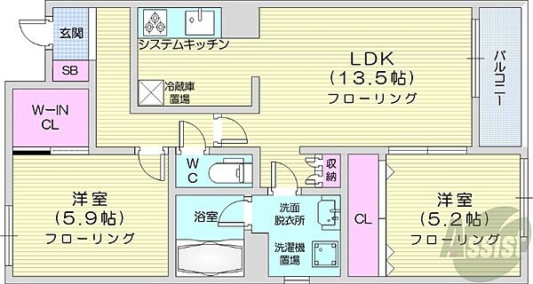 北海道札幌市白石区菊水一条1丁目(賃貸アパート2LDK・4階・60.95㎡)の写真 その2