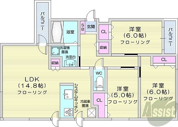 北海道札幌市中央区南十三条西20丁目(賃貸マンション3LDK・3階・73.00㎡)の写真 その2