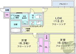 札幌市営東西線 西18丁目駅 徒歩8分の賃貸マンション 1階2LDKの間取り