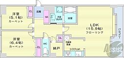 札幌市営東西線 バスセンター前駅 徒歩5分の賃貸マンション 12階2LDKの間取り