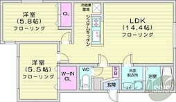 札幌市営東豊線 月寒中央駅 徒歩10分の賃貸マンション 3階2LDKの間取り