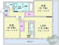 札幌市営東西線 バスセンター前駅 徒歩10分の賃貸マンション 3階2LDKの間取り