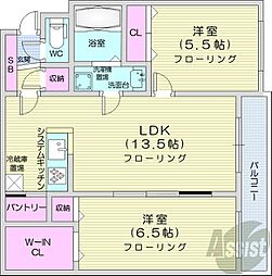 札幌市営東西線 西18丁目駅 徒歩4分の賃貸マンション 4階2LDKの間取り