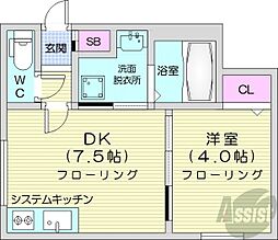 札幌市営東西線 発寒南駅 徒歩5分の賃貸マンション 2階1DKの間取り