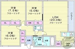 札幌市営東西線 西28丁目駅 徒歩8分の賃貸マンション 3階3LDKの間取り