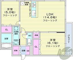 札幌市営東西線 発寒南駅 徒歩20分の賃貸マンション 1階2LDKの間取り