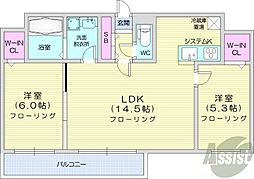 札幌市営南北線 中島公園駅 徒歩7分の賃貸マンション 5階2LDKの間取り