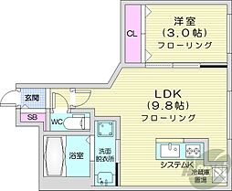 札幌市営東西線 琴似駅 徒歩10分の賃貸マンション 2階1LDKの間取り
