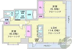 札幌市営東西線 バスセンター前駅 徒歩10分の賃貸マンション 5階2LDKの間取り