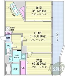札幌市営東西線 バスセンター前駅 徒歩9分の賃貸マンション 8階2LDKの間取り