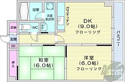 札幌市営東西線 円山公園駅 徒歩7分の賃貸マンション 6階2DKの間取り