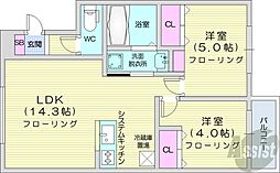 札幌市営東豊線 福住駅 徒歩10分の賃貸マンション 4階2LDKの間取り