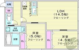 札幌市営東西線 バスセンター前駅 徒歩9分の賃貸マンション 2階2LDKの間取り