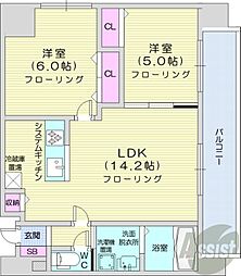 札幌市営東西線 西18丁目駅 徒歩2分の賃貸マンション 10階2LDKの間取り