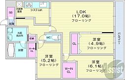 札幌市営南北線 中島公園駅 徒歩20分の賃貸マンション 3階3LDKの間取り