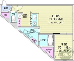 札幌市営東豊線 月寒中央駅 徒歩3分の賃貸マンション 2階1LDKの間取り