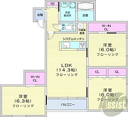 札幌市営東豊線 福住駅 徒歩12分の賃貸マンション 4階3LDKの間取り