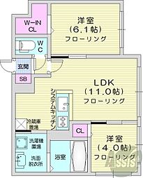 札幌市営東西線 西28丁目駅 徒歩8分の賃貸マンション 2階2LDKの間取り