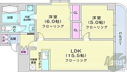 札幌市営南北線 中島公園駅 徒歩12分の賃貸マンション 5階2LDKの間取り