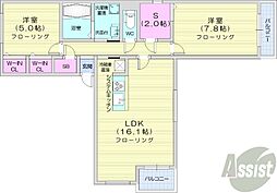 札幌市営東西線 西28丁目駅 徒歩7分の賃貸マンション 5階2LDKの間取り
