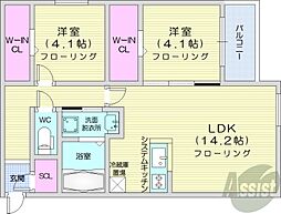 札幌市営南北線 中の島駅 徒歩21分の賃貸マンション 3階2LDKの間取り