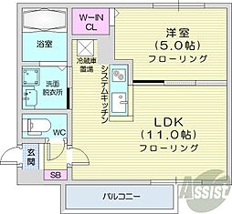 ル・ヌアージュ北13条東 1LDKの間取図画像
