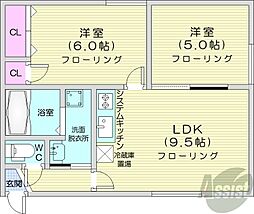 クリスタルハイツR1 2LDKの間取図画像