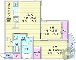 シンシア北8条 2LDKの間取図画像