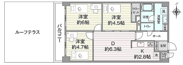 上大岡スカイマンション(3LDK) 3階の間取り