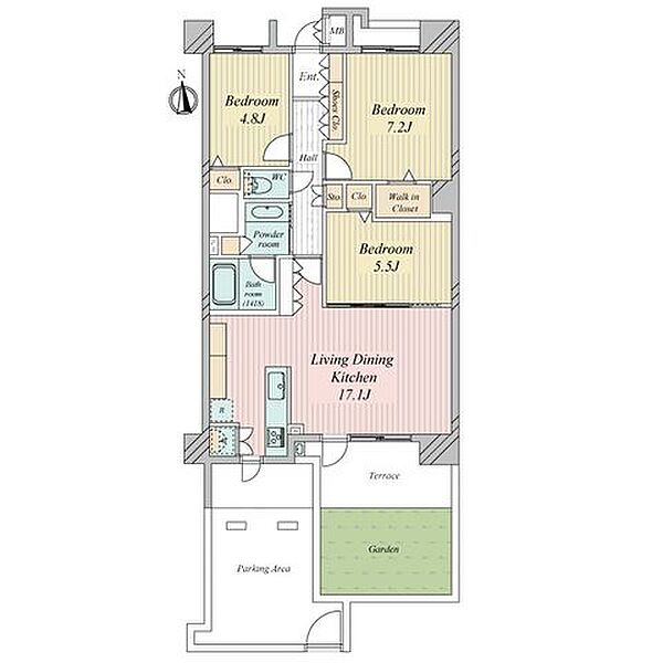 間取図、南向き・角部屋の3LDK。約17.1帖のＬＤＫに加え、ウォークインクローゼットを備えた間取りです。専有面積75.13m2、テラス7.37m2、専用庭10.53m2付き。駐車場は専用庭に隣接！