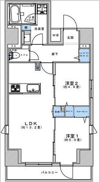 2LDK専有面積56.75m2（壁芯）南向き