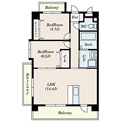 名古屋市営名港線 六番町駅 徒歩2分の賃貸マンション 7階2LDKの間取り