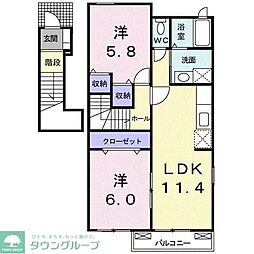 カーサプラシードＢ 2階2LDKの間取り
