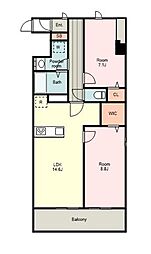 コートデルトゥール昭島 6階2LDKの間取り