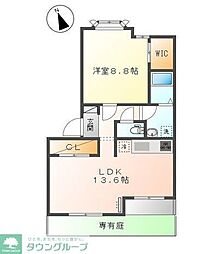 ローズウッド草花 1階1LDKの間取り