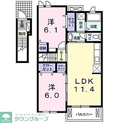 フォンテーヌｉ 2階2LDKの間取り