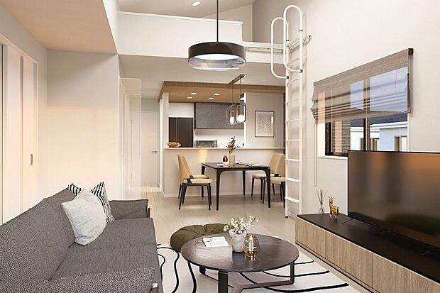 ■完成予想図（内観）■お洒落な勾配天井の広々20帖リビング！！嬉しいロフト付き