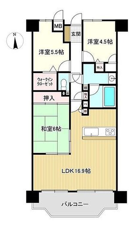 3LDK、価格1780万円、専有面積74.44m2、バルコニー面積10.17m2
