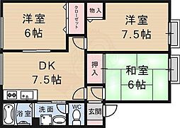 由福ハウス木幡B棟 1階3DKの間取り