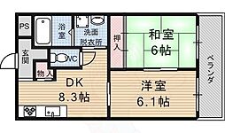 陵南ハイツ 4階2DKの間取り