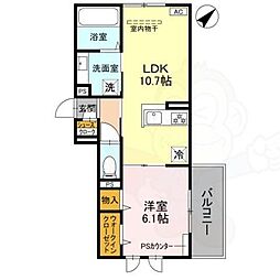 ＧＲＡＭＭ六地蔵A棟 2階1LDKの間取り
