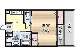 クオリア壱番館 2階1Kの間取り