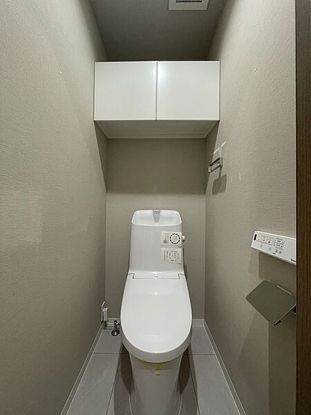 一体型ウォッシュレットトイレ　背後上部に収納棚あり