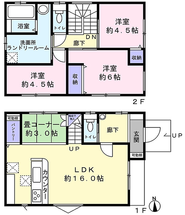 1階に畳コーナーがある3LDK、2階に便利なランドリールーム