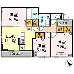 D-ROOM都賀2丁目II−A棟 2階3LDKの間取り