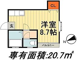 ソアレ市川 1階ワンルームの間取り